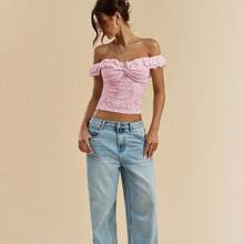 Women's Floral Jacquard Short Sleeve Off The Shoulder Crop Top Ruffle Fitted Tee Shirts - Pink - View 5