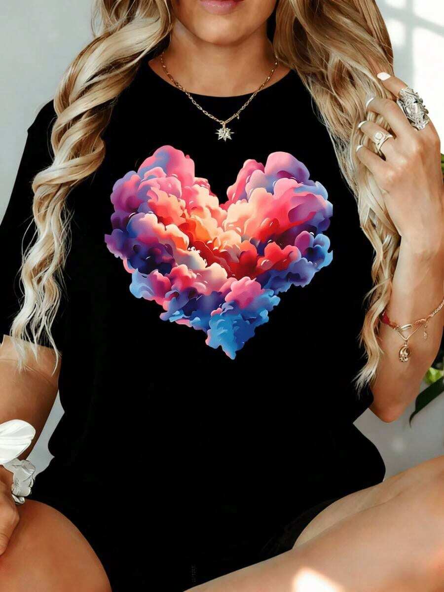 Camiseta Holgada con Estampado de Nube y Corazón para Mujer, Manga Corta Casual, Camiseta Gráfica de Moda para Uso Diario, 180g, para Ocio en Casa, Aire Libre, Regalo para Fiesta de San Valentín - Negro - Ver 1