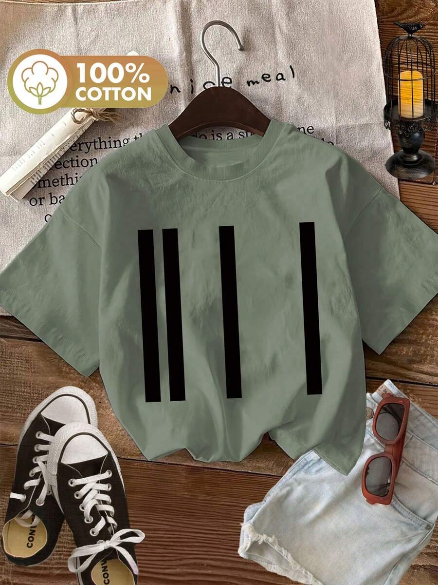 Edición Limitada - Camiseta Minimalista para Mujer en Blanco y Negro - Cuello Redondo Suave, Top Casual para Uso Diario - Camiseta Transpirable de Algodón para Mujer - Camiseta No Transparente para Primavera/Verano, Camisetas para Mujer, Ropa de Verano, Camiseta con Estampado Gráfico, Tela Opaca, Algodón Ligero - Verde - Ver 1