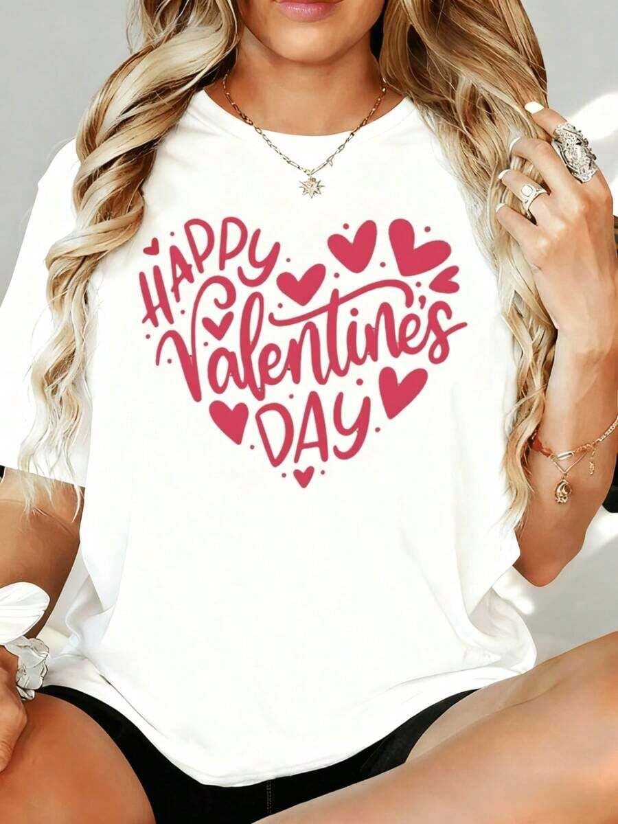 Camiseta Casual para Mujer con Estampado de Corazón para el Día de San Valentín, Regalo para el Día de San Valentín, 180g, para el Hogar, Aire Libre y Fiestas de San Valentín - Blanco - Ver 1
