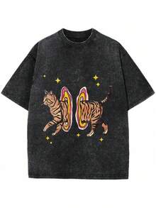 1 pieza de camiseta estampada estilo Cool Cat Y2K Harajuku, unisex, retro, holgada, estilo urbano, con estampado de Cool Cat y Harajuku, cuello redondo, manga corta, lavable a máquina, camiseta estética Y2K, adecuada para uso diario casual y de fiesta tanto para hombres como para mujeres, cómoda y holgada, versátil, moderna y a la moda, camiseta de algodón puro lavado de 180g. - Negro - Ver 6