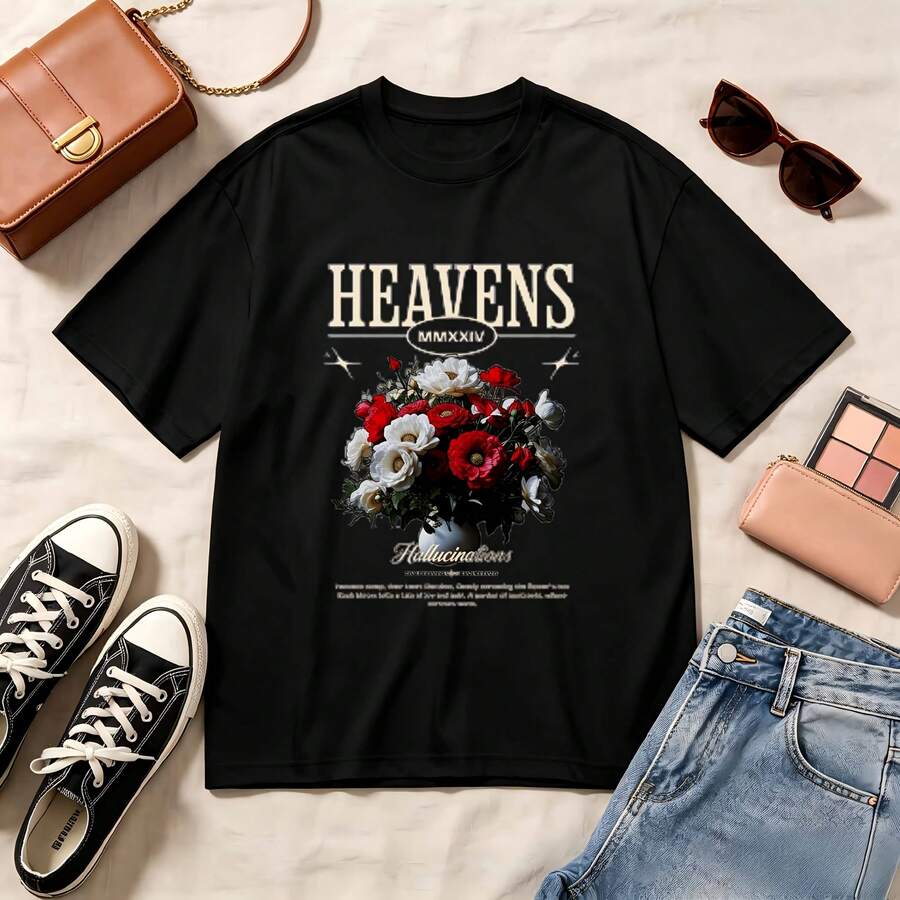 Retro Floral Print, 100% Cotton Oversized Soft Breathable Casual Crewneck Short Sleeve Top, Vintage Aesthetic Summer Vibes Romantic Streetwear Style - Negro - Ver 1