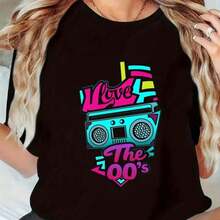 Ropa Curvy En Oferta Y  Camiseta Con Estampado De Radio Musical TrendyY2K, Unisex, Negra, De Manga Corta, Estilo Retro De Los 2000, Casual, Estilo Urbano De Verano, Corte Holgado, OpcióN Perfecta Para Las Vacaciones, Tallas S-3XL, Adecuada Tanto Para Hombres Como Para Mujeres. Camisetas Para Mujer Y2K - Negro - Ver 4