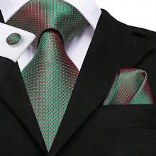 Men's Green Plaids Tie Set Includes Pocket Square, Random Cufflinks & Gold Tie Clip, Festive Formal Necktie For Holidays - Green - View 2
