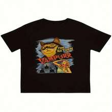 Camiseta Casual de Algodón para Hombre con Dise?o Retro de Cómic El Regreso del Gato Vampiro de Manga Corta y Cuello Redondo, Negro - Negro - Ver 2