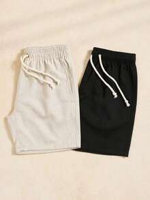 Set Of 2 Men's Premium Linen Casual Bermuda Shorts, Comfortable For Beach, Summer, And New Year's Eve. - 黑色 - 查看 2