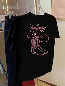 Camiseta de manga corta con paneles frontales y traseros - Estampado de moda estilo vaquero del oeste, "Yeehaw" - Camiseta de mujer con estampado de moda para primavera/verano, artículo de moda. - Negro - Ver 2