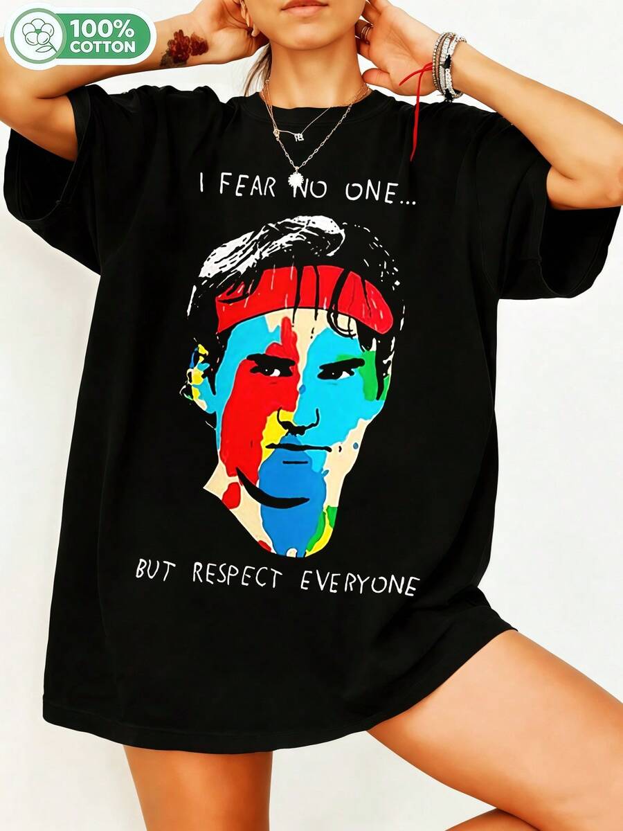 Mikeee Tysonnn boxningslegend fanart-t-shirt, popkonst-färgglatt ansiktsporträtt med citatet "Jag fruktar ingen, men respekterar alla", modern gatukonst-stil, unisex, överdimensionerad, 100 % bomull, rund hals. - Svart - Visa 1