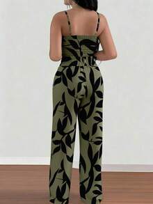 2 piezas Conjunto de top de camiseta elástica de tirantes finos y pantalones de pierna ancha con lazo delantero para mujer - Verde militar - Ver 2