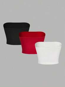 Set de 3 tops cortos ajustados de unicolor minimalista para mujer, apropiados para el verano - Multicolor 9 - Ver 2