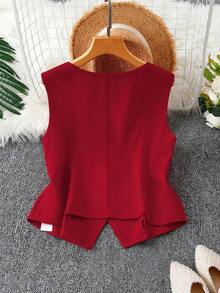 Blusa casual de mujer talla grande de cuello en V de una sola hilera con rayas y sin mangas - Rojo - Ver 2