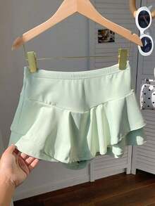 Culotte de mujer de cintura elástica y bajo con volantes de unicolor - verde menta - Ver 1
