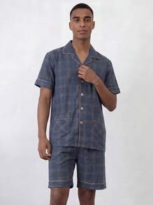 Snug League [PONX]2pcs/Set Men Summer Sleepwear Lightweight Short Sleeve Cardigan Top And Shorts, Breathable Moisture-Wicking Pajama Set - Blue - View 7