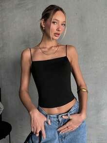 Camiseta De Tirantes Corta Sin Espalda Y Ajustada Con Un Solo Color Para El Verano - Negro - Ver 2