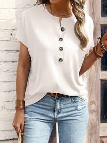 Camiseta casual de mujer de manga corta con botones y media solapa de unicolor - Blanco - Ver 1