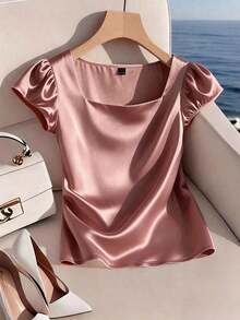 Blusa casual elegante de satén con cuello cuadrado francés, mangas de pétalos y pliegues, adecuada para ir al trabajo, uso diario, reuniones y fiestas, primavera/verano - Rosa vieja - Ver 3