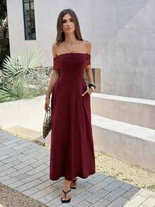 Vestido de mujer de unicolor con hombros descubiertos, nuevo vestido largo elegante y ajustado sin espalda para fiestas, uso diario y citas - Burdeos - Ver 10