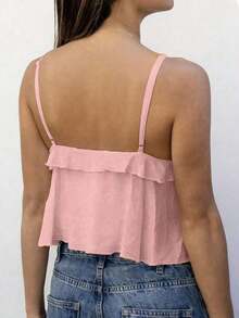 Top tipo camiseta con tirantes finos, escote en la espalda, volantes y holgado, de color amarillo dulce, para mujer, para el verano - Rosa - Ver 2