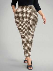 Pantalones casuales con estampado de lunares, bolsillos y aberturas laterales para mujer talla grande.Ideales para vacaciones, Año Nuevo, Día de San Valentín, negocios casuales, oficina, primavera y verano - Marrón - Ver 8