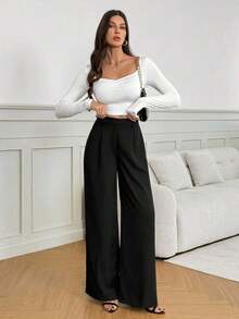 Tall Pantalones anchos de cintura alta de unicolor y versátiles, pantalones de cintura alta de estilo casual de otoño e invierno, pantalones negros de mujer, pantalones negros de vestir de pierna ancha, pantalones negros casuales, pantalones de esti - Negro - Ver 6