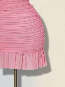 Vestido mini ajustado de mujer de unicolor elegante con malla y drapeado - Rosa Pálido - Ver 6