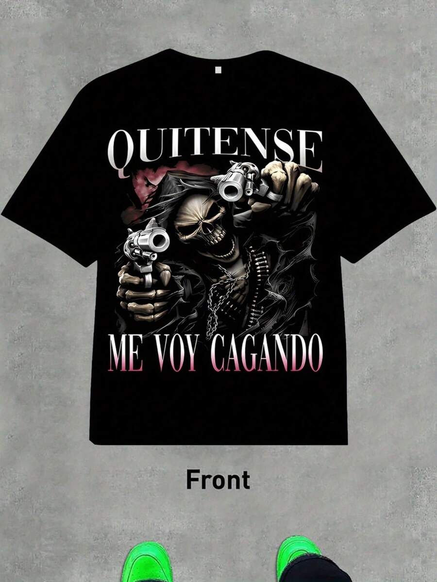 Unisex Cotton T-Shirt With Graphic Print, Quitense, Skull And Gun Design With "I'm Shitting Myself" Text, Black Round Neck, Streetwear Essential, Soft, Regular Fit, Short Sleeve, Vibrant Digital Print, Hip Hop Urban Fashion, Casual Wear For All Year. - 黑色 - 查看 1