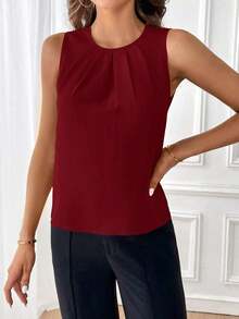 Clasi Blusa sin mangas con detalle de pliegues y escote de ojo de cerradura, blusas sin mangas - Burdeos - Ver 4