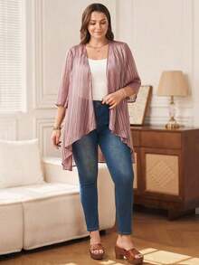 Chaqueta casual de apertura frontal con mangas 3/4 de jacquard para mujer de talla grande, para atuendos de vacaciones de otoño/invierno, atuendos de primavera, ropa de verano, vestidos de primavera, atuendos de primavera, ropa de primavera par - Rosa vieja - Ver 4