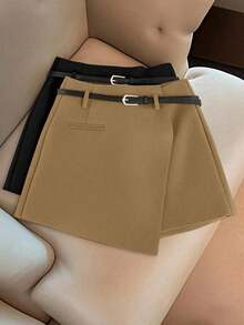Pantalones con falda asimétrica de moda casual para ir al trabajo, pantalones cortos multifuncionales para mujer sin cinturón, pantalones con falda asimétrica a juego sin cinturón, falda asimétrica, falda con dobladillo asimétrico, falda pantalón - Marrón Mocha - Ver 1