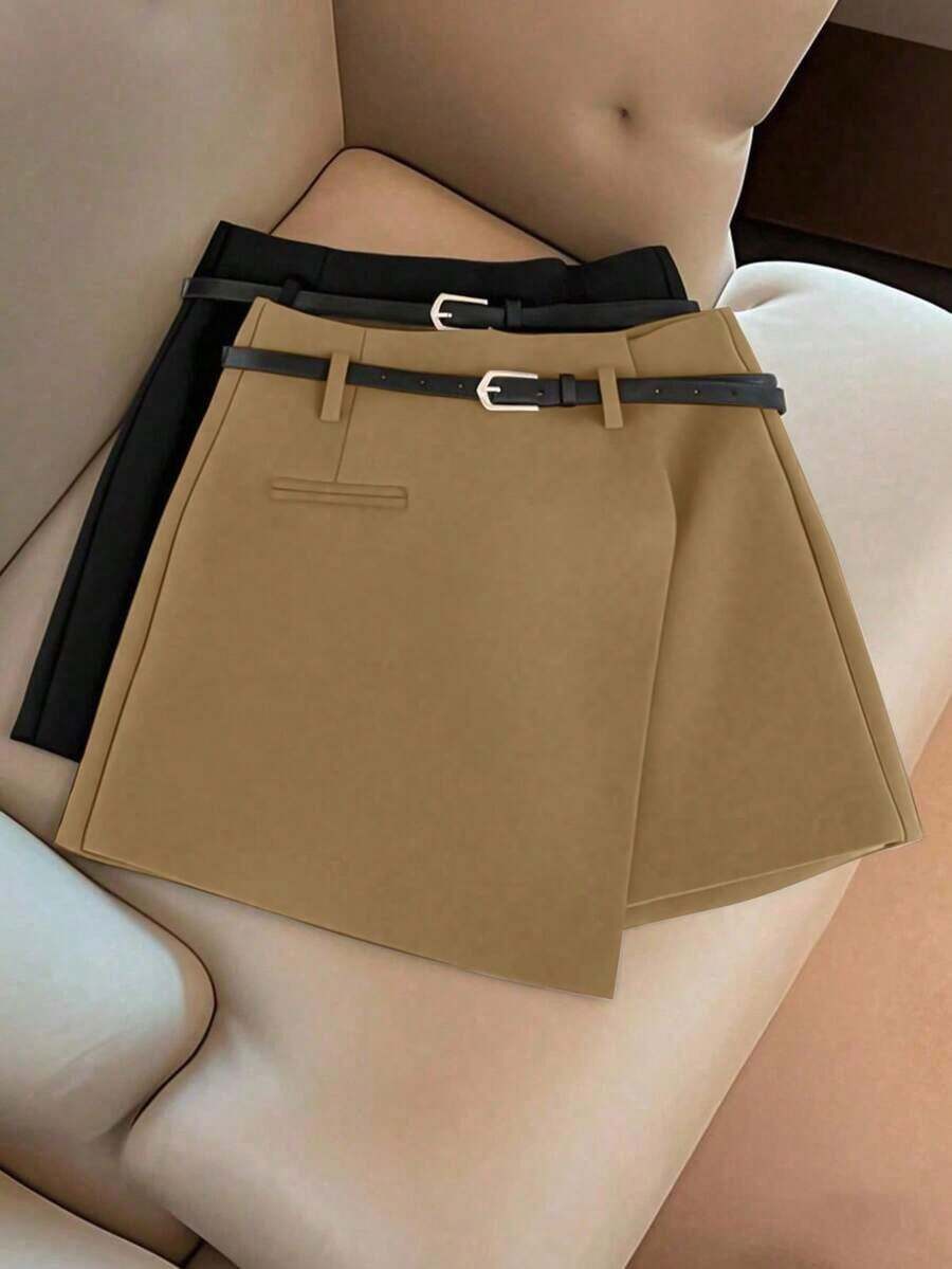 Pantalones con falda asimétrica de moda casual para ir al trabajo, pantalones cortos multifuncionales para mujer sin cinturón, pantalones con falda asimétrica a juego sin cinturón, falda asimétrica, falda con dobladillo asimétrico, falda pantalón - Marrón Mocha - Ver 1