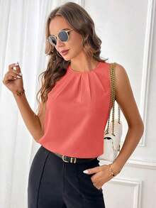 Clasi Blusa sin mangas con detalle de pliegues y escote de ojo de cerradura, blusas sin mangas - Rosado Sandía - Ver 5