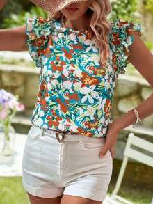 Camisa casual versátil de uso diario con estampado floral y pliegues para mujer - Agua verde azul - Ver 8