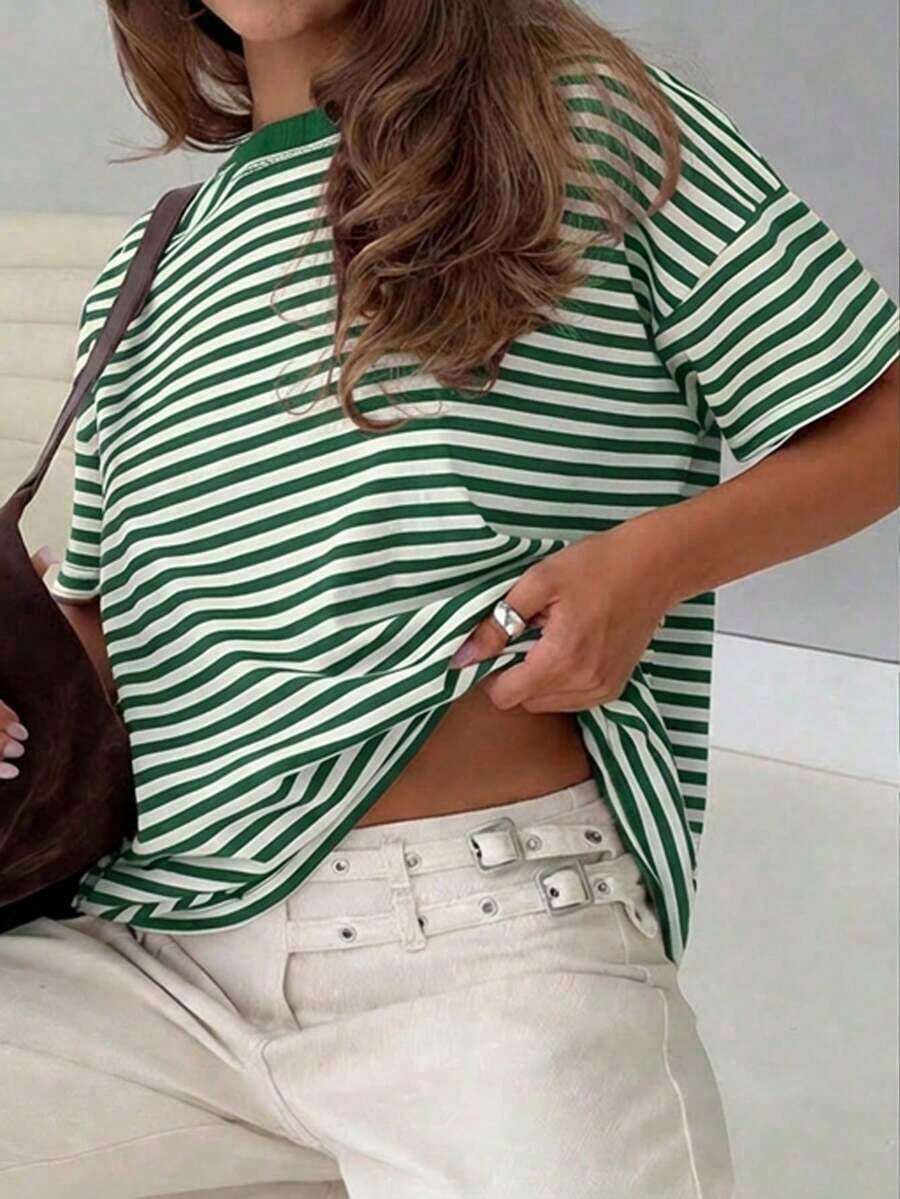 Camiseta casual de mujer  de cuello redondo holgado, camiseta de manga corta de ajuste ceñido con parches a rayas minimalista, adecuada para primavera/verano, ideal para el Día de San Valentín - Verde 2 - Ver 1