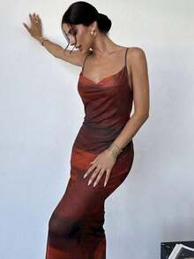 Vestido ajustado de tela transparente con tirantes de atar en el hombro descubierto y espalda descubierta, de colores degradados, elegante para uso diario u ocasiones de vacaciones, estilo veraniego - Burdeos - Ver 6