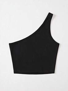 Blusa asimétrica de hombro casual de unicolor para mujer - Negro - Ver 2