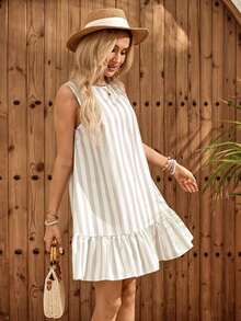 Vestido mini casual, de fiesta y de viaje con rayas y fruncido para mujer - Albaricoque 2 - Ver 5