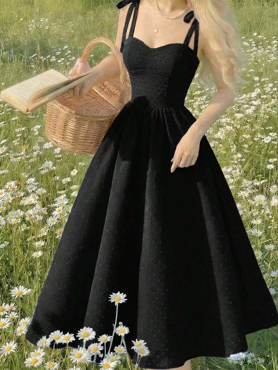 Vestido de verano de mujer con tirantes anudados y estampado floral romántico - Negro - Ver 1