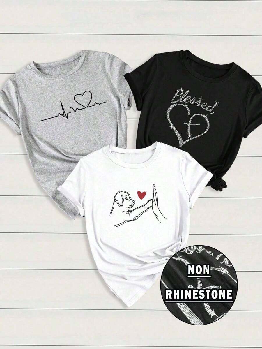 Set de 3 camisetas gráficas de manga corta casuales para mujer con diseños de corazón y gráfico ECG - Multicolor 5 - Ver 1