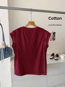 Camiseta de mujer de manga corta y corte regular en color amarillo con diseño clásico y estilo de murciélago, top de algodón amarillo sólido para verano - Rojo - Ver 2