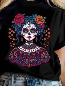 Women's Short-Sleeved T-Shirt With Cute Floral Prints Of Dead Women, Casual, Comfortable Fabric For All Seasons, Machine Washable T-Shirt For Day Of The Dead Party Gifts, Mexican Casual Round Neck T-Shirt. - 黑色 - 查看 7