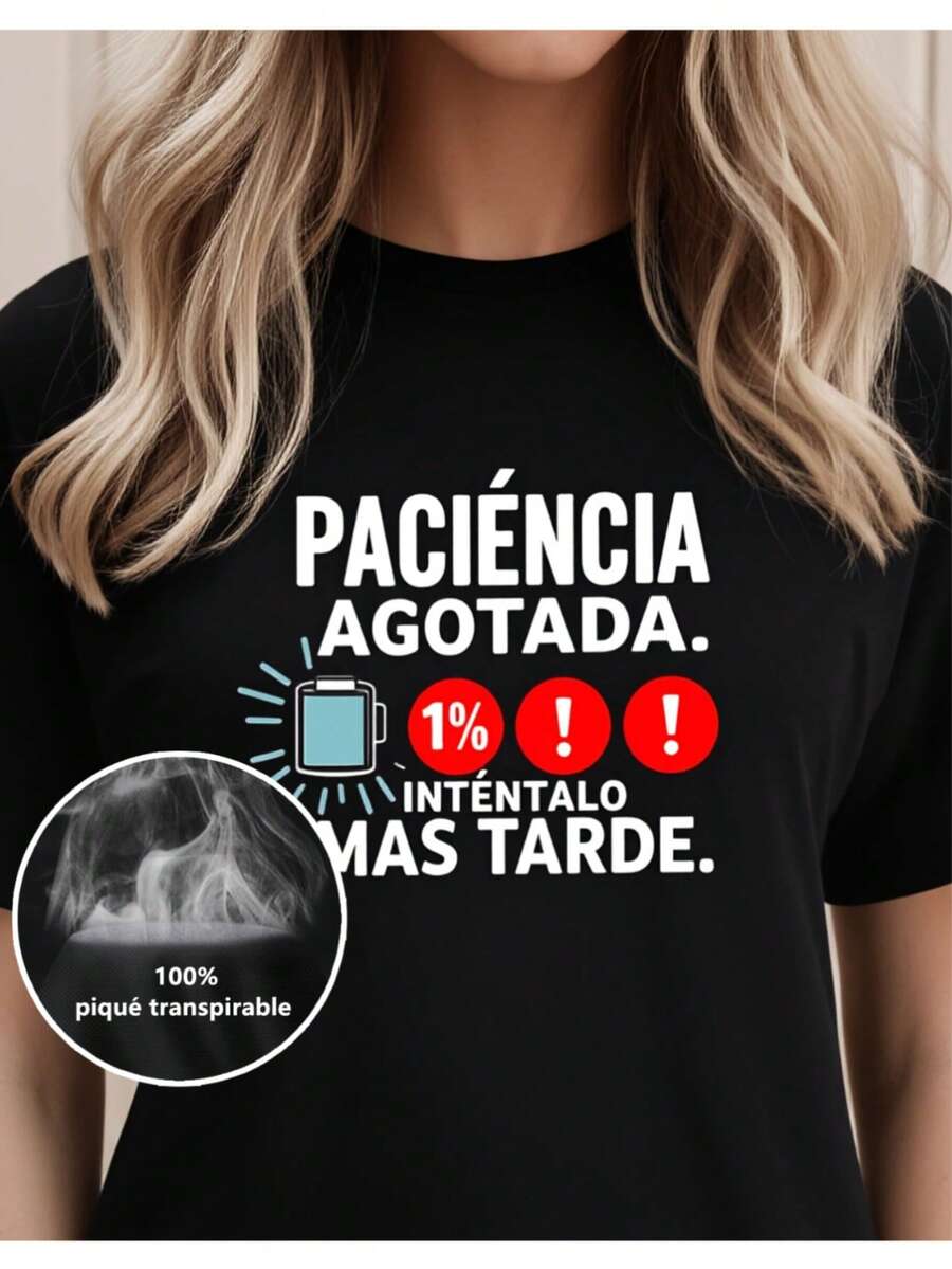 Camiseta gráfica de ajuste relajado para mujer con texto en español, con un teléfono cargándose y signos de exclamación, perfecta para uso casual y diario Camiseta de mujer de diseño holgado cas MPLPQ - Negro - Ver 1