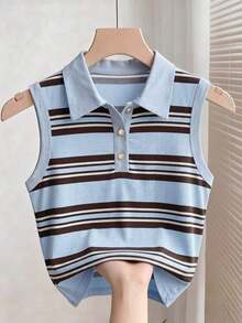 Camiseta de mujer con efecto de mezclilla, estampado, botones y escote medio minimalista - Multicolor 3 - Ver 4