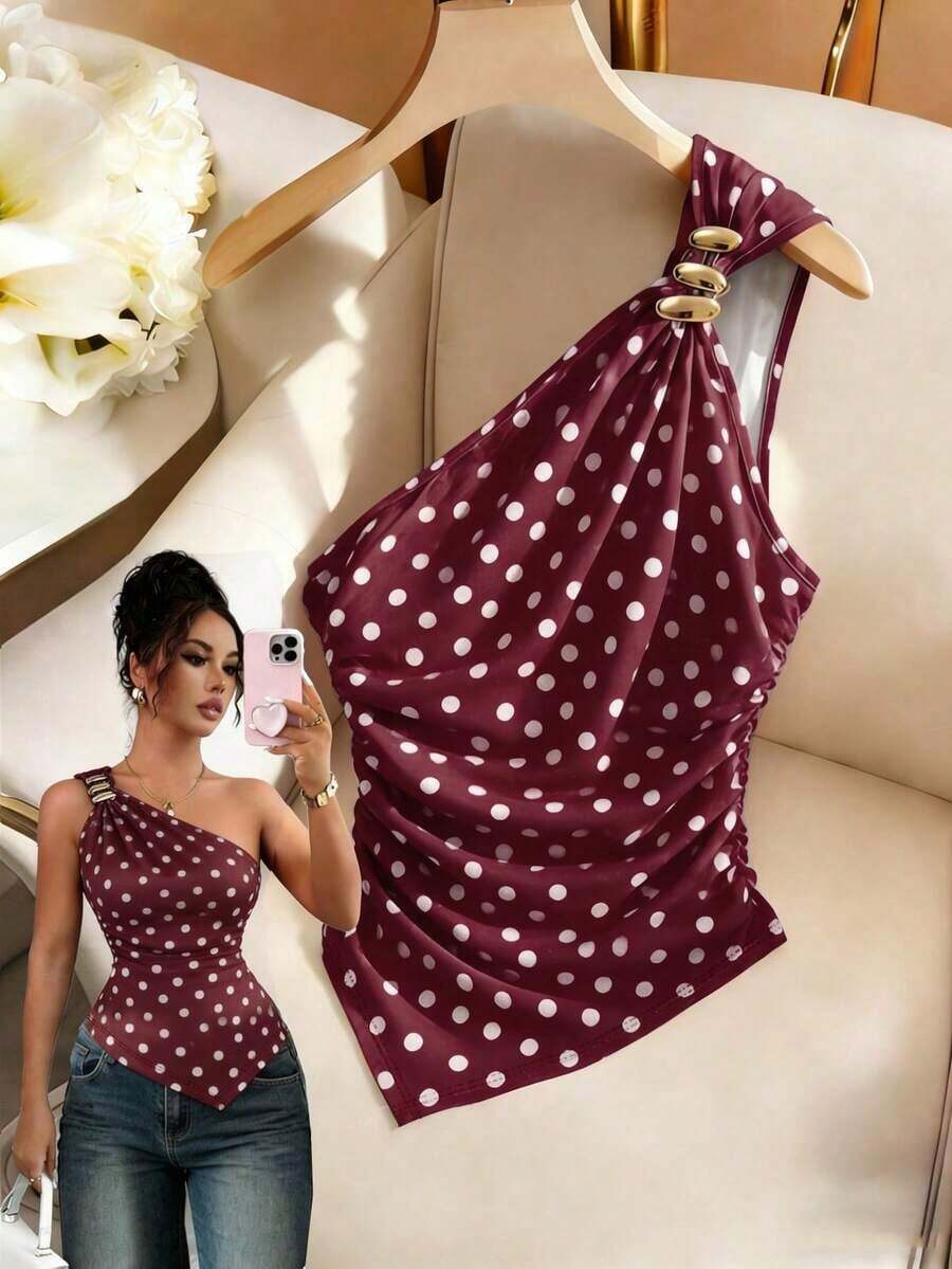 Blusa/Top/Camiseta asimétrica con estampado de lunares rojos, cuello asimétrico/asimétrico, decoración de botones metálicos, plisado asimétrico, adecuado para el Día de San Valentín, citas, vuelta al cole, verano, playa, vacaciones, lunares retro - Rojo violeta - Ver 1