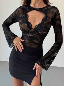 Blusa de manga larga con cuello en V profundo, transparente y con detalles de encaje negro para mujeres - Negro 3 - Ver 7