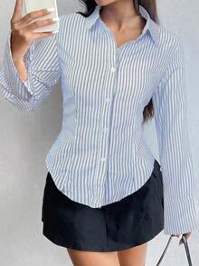 Camisa de manga larga casual a rayas que ciñe la cintura, apta para primavera/verano/otoño, tops de manga larga - Multicolor 4 - Ver 5