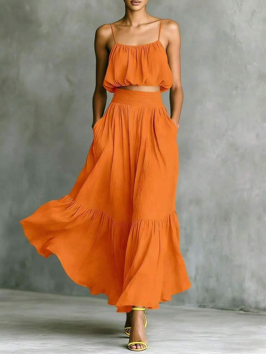 Bohemian Two-Piece Set For Women In Chiffon, With Short Camisole With Thin Straps And Long Skirt With Ruffled Hem. - Orange - View 1