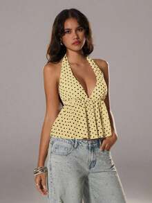 Elegante top de tirantes con escote en V y estampado de lunares para mujer, primavera/verano - Amarillo - Ver 4