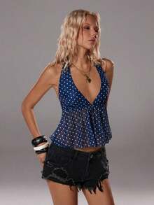 Elegante top de tirantes con escote en V y estampado de lunares para mujer, primavera/verano - Azul marino - Ver 9