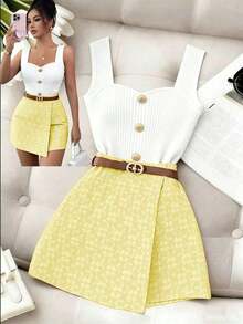 Falda pantalón elegante de unicolor con textura jacquard, para el Día de San Valentín - Amarillo claro - Ver 8