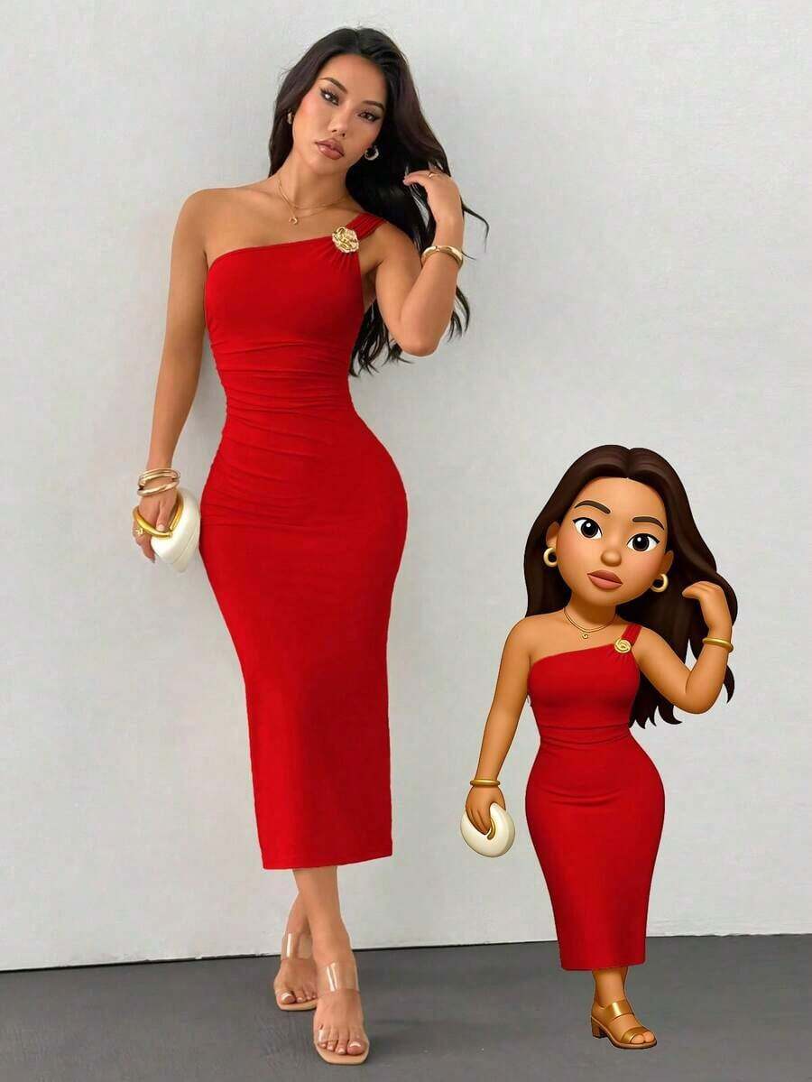 Falda de cola de pez con pliegues asimétricos y broche dorado como decoración - Rojo - Ver 1